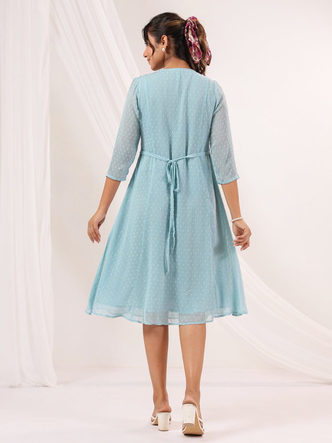 Janasya Women's Light Blue Dobby Chiffon Embroidered A-line Dress