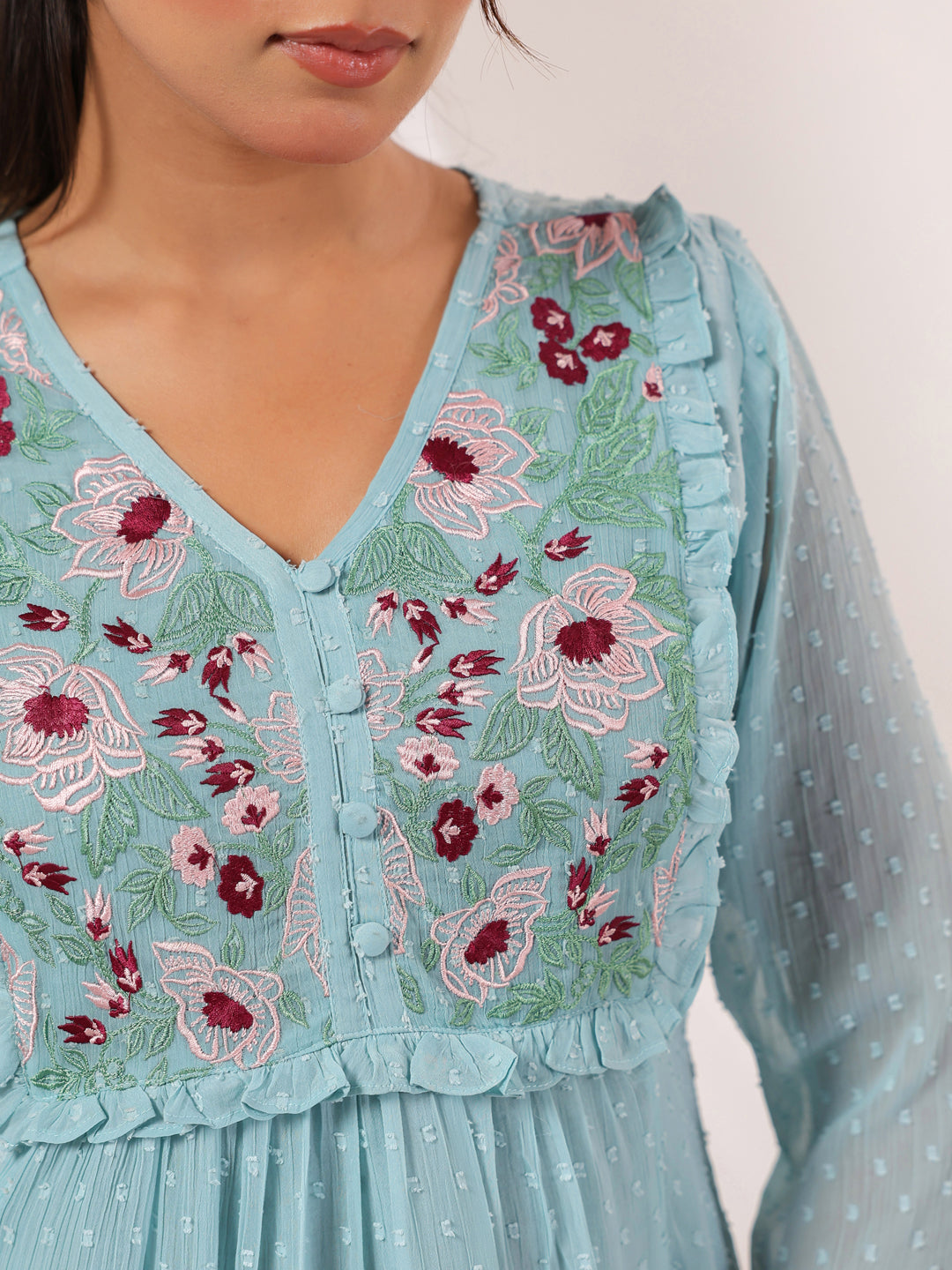 Janasya Women's Light Blue Dobby Chiffon Embroidered A-line Dress
