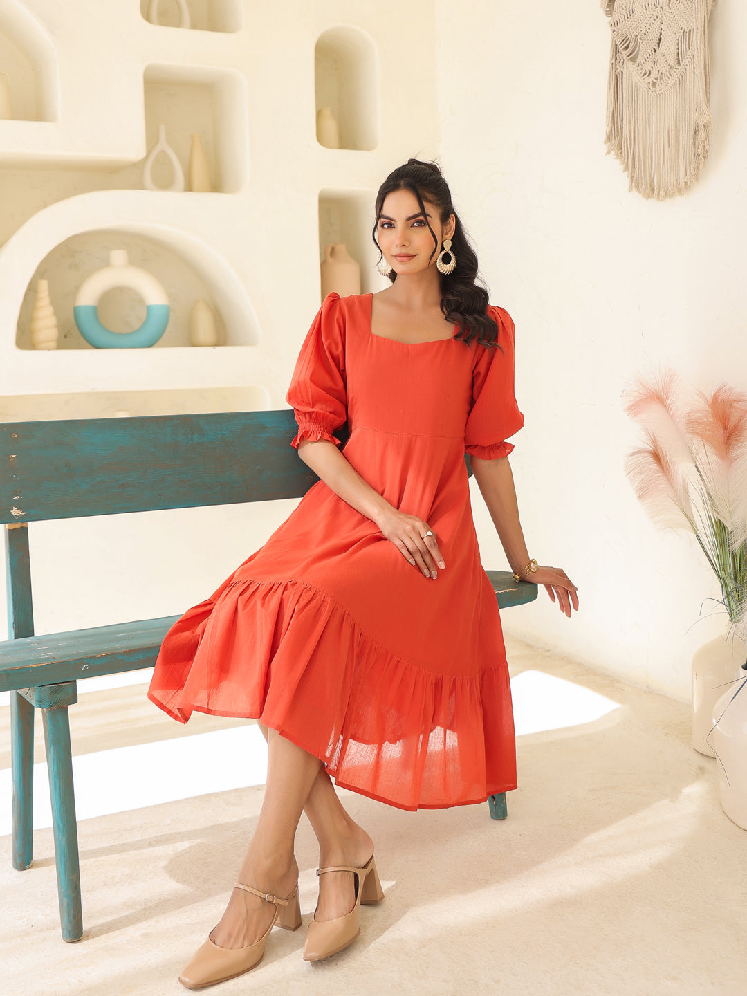 Rust Pure Cotton Solid A-line Dress