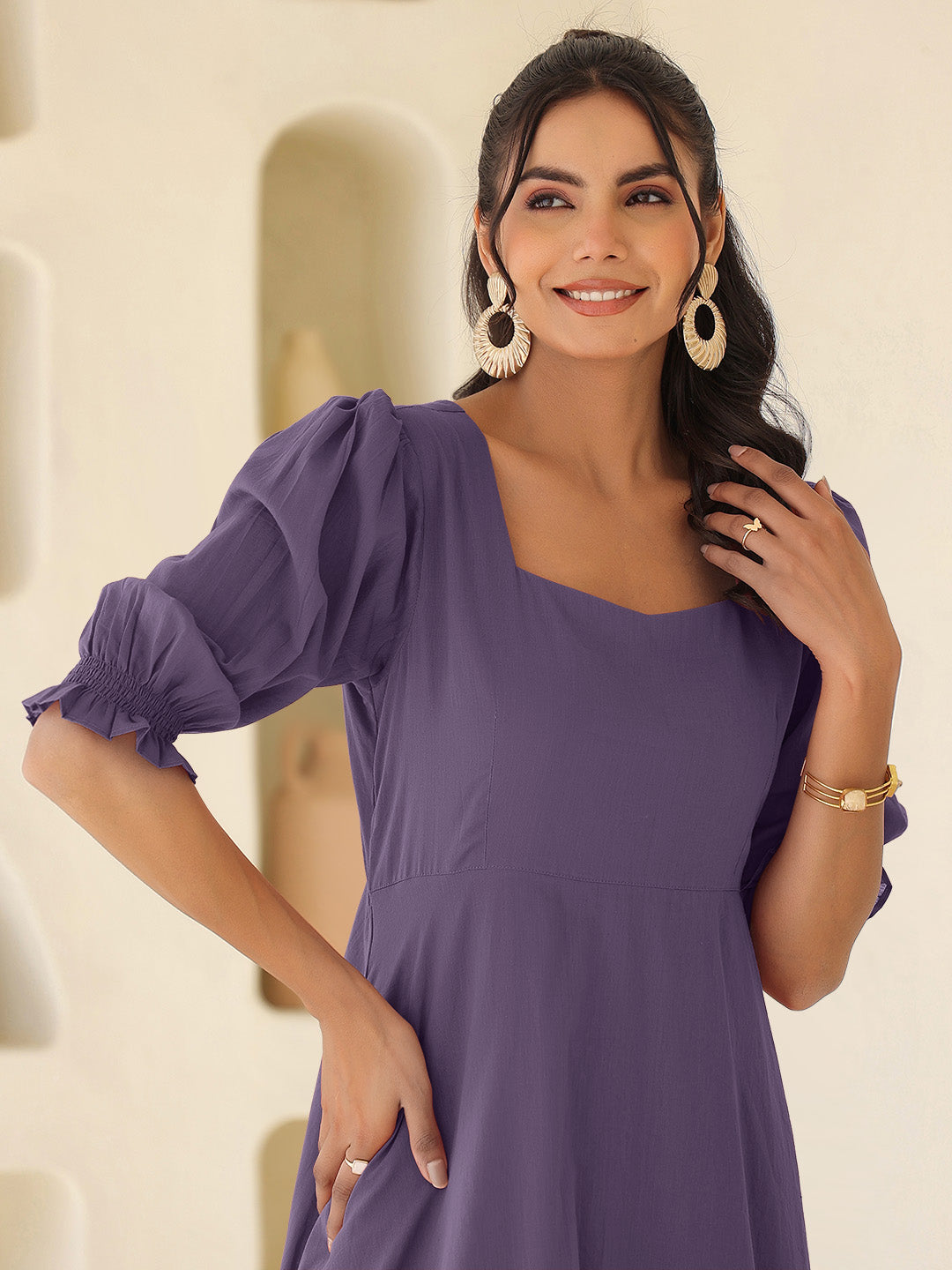 Purple Pure Cotton Solid A-line Dress