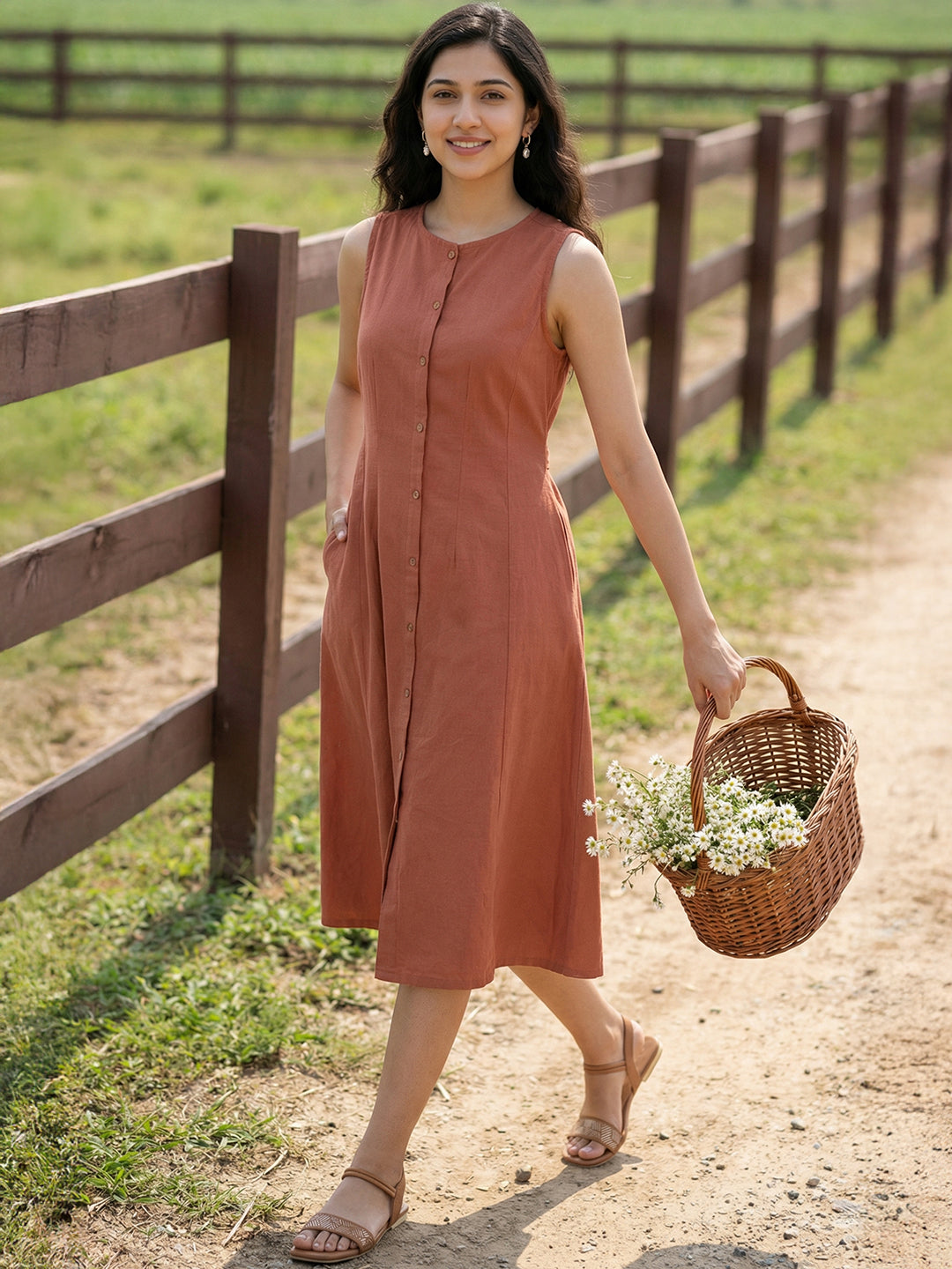 Janasya Women's Rust Cotton Solid A-Line Dress