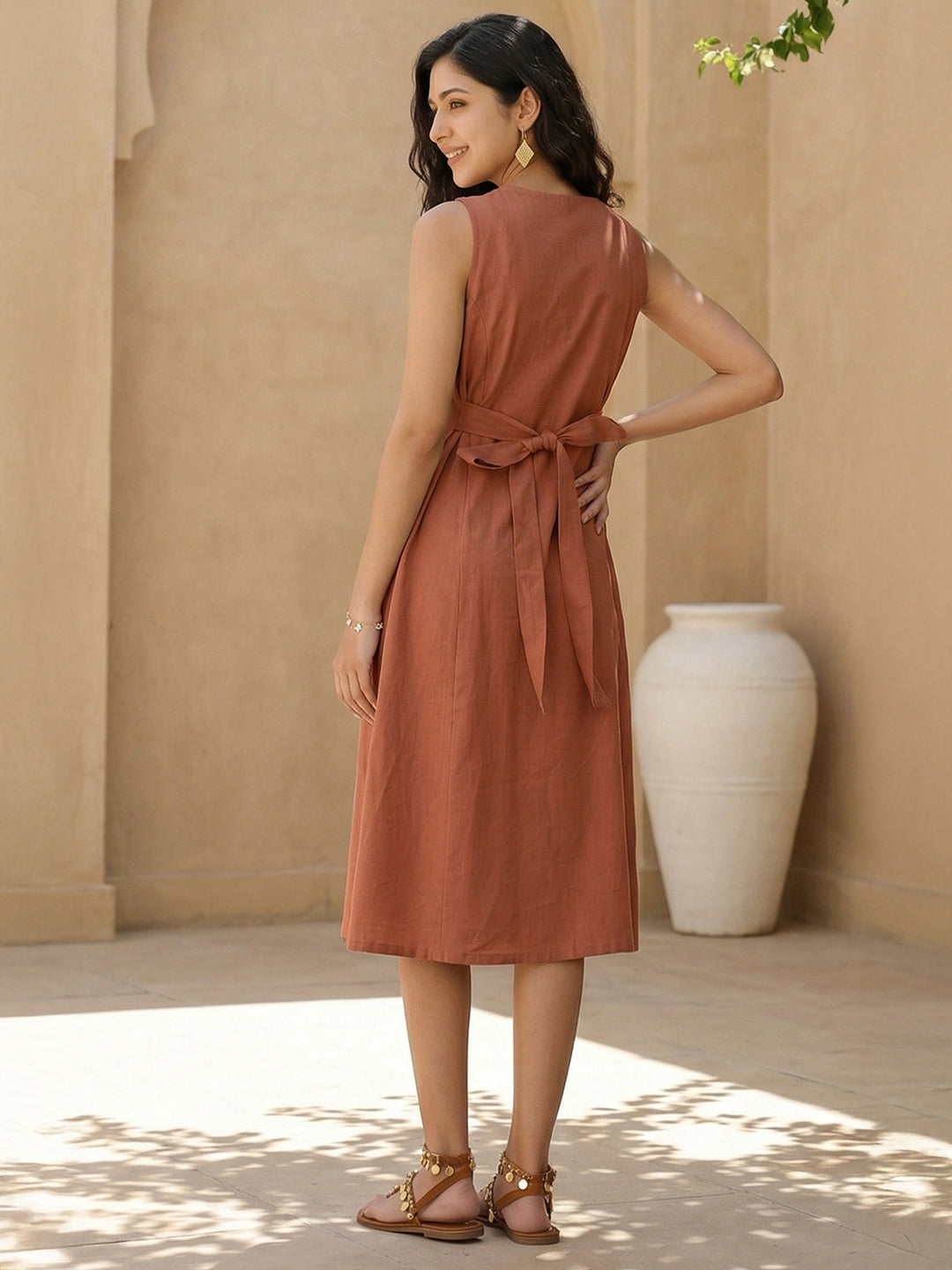 Janasya Women's Rust Cotton Solid A-Line Dress