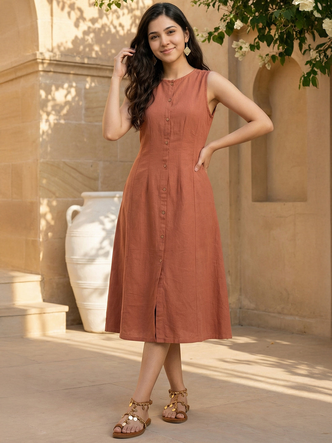 Janasya Women's Rust Cotton Solid A-Line Dress