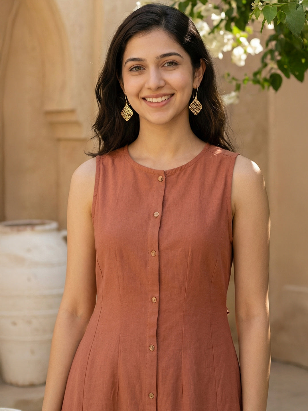 Janasya Women's Rust Cotton Solid A-Line Dress