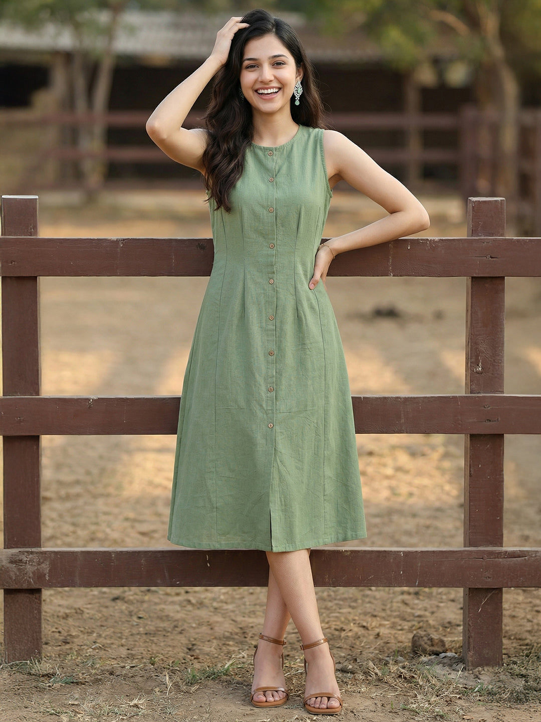 Janasya Women's Green Cotton Solid A-Line Dress