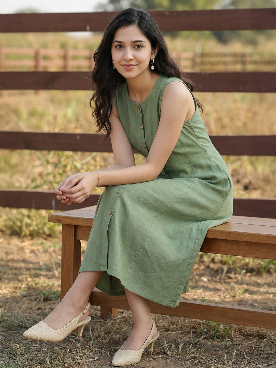 Janasya Women's Green Cotton Solid A-Line Dress