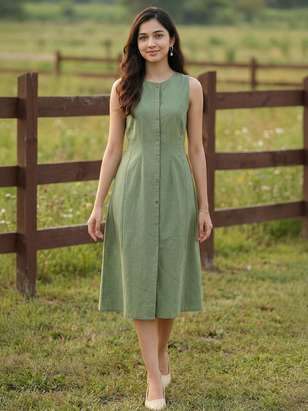 Janasya Women's Green Cotton Solid A-Line Dress