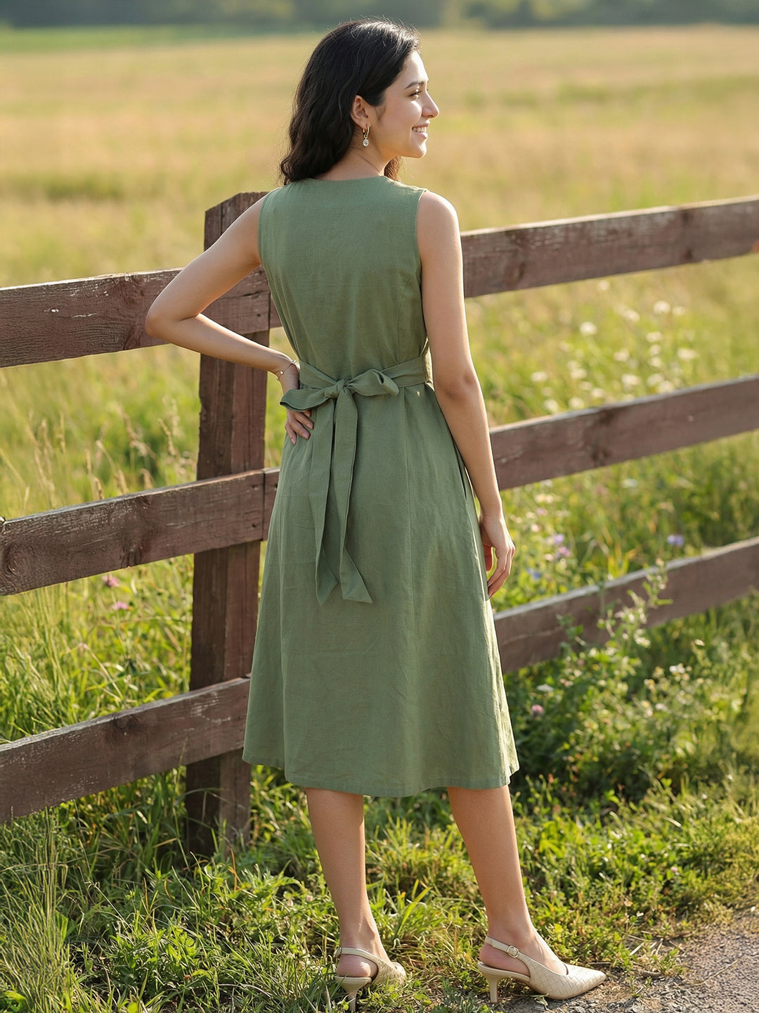 Janasya Women's Green Cotton Solid A-Line Dress