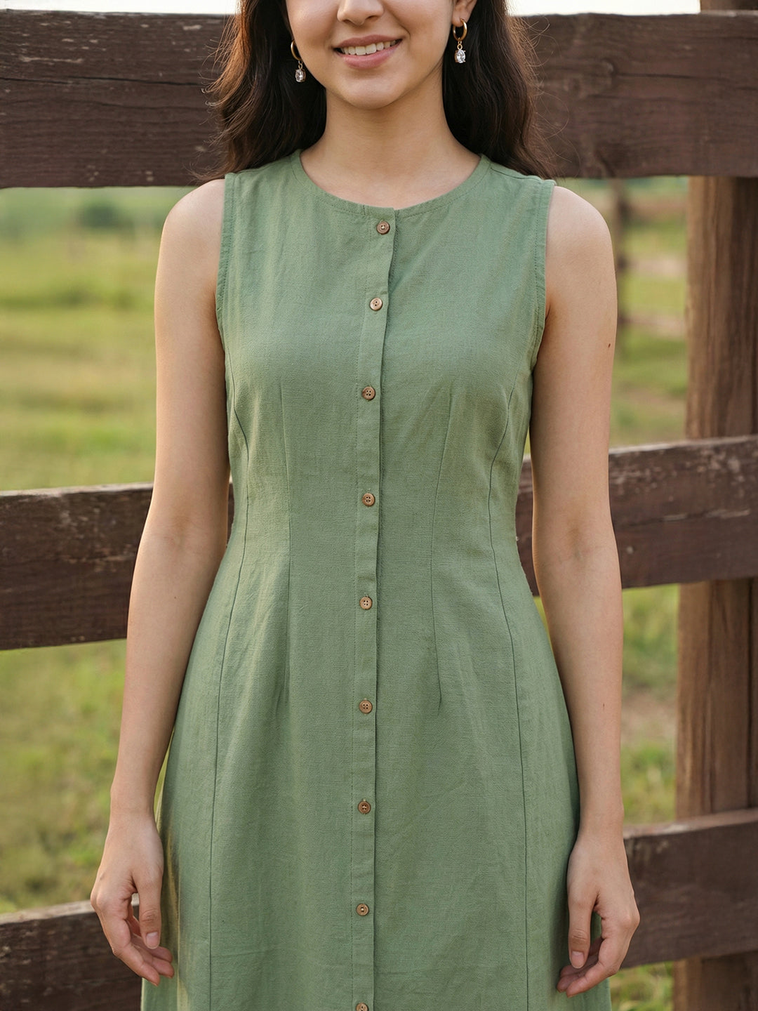 Janasya Women's Green Cotton Solid A-Line Dress