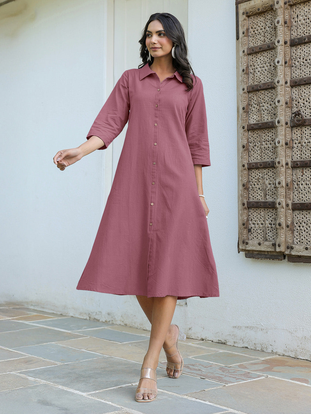 Mauve Cotton Solid A-line Dress