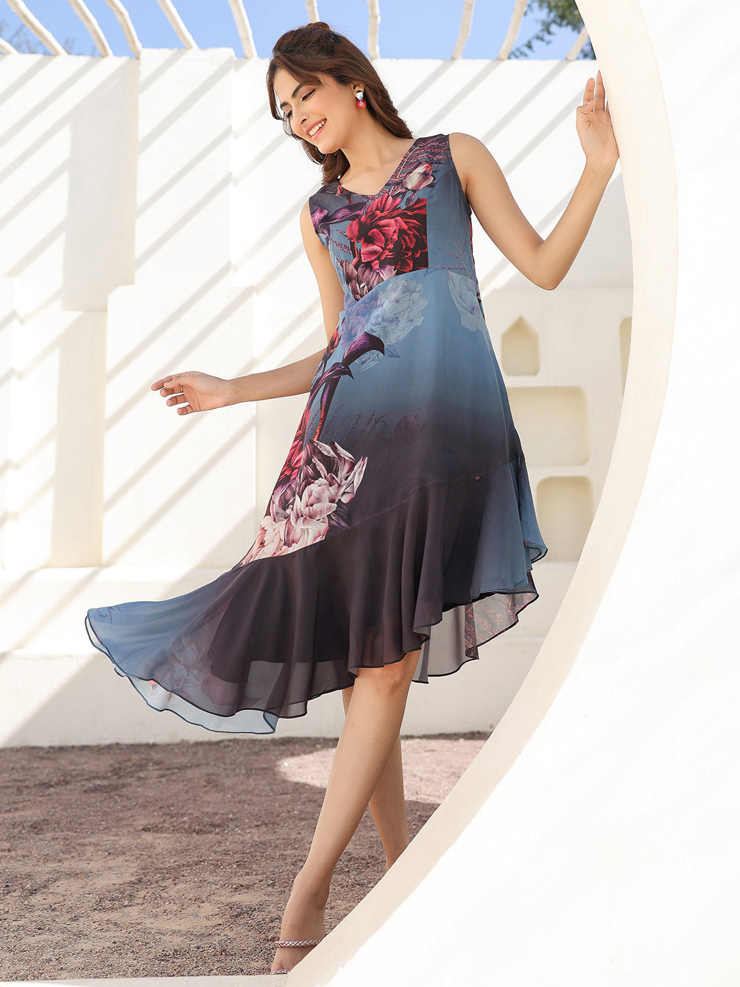 Grey Georgette Floral Printed Asymmetric Dress