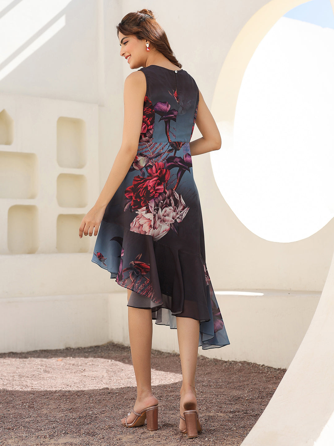 Grey Georgette Floral Printed Asymmetric Dress