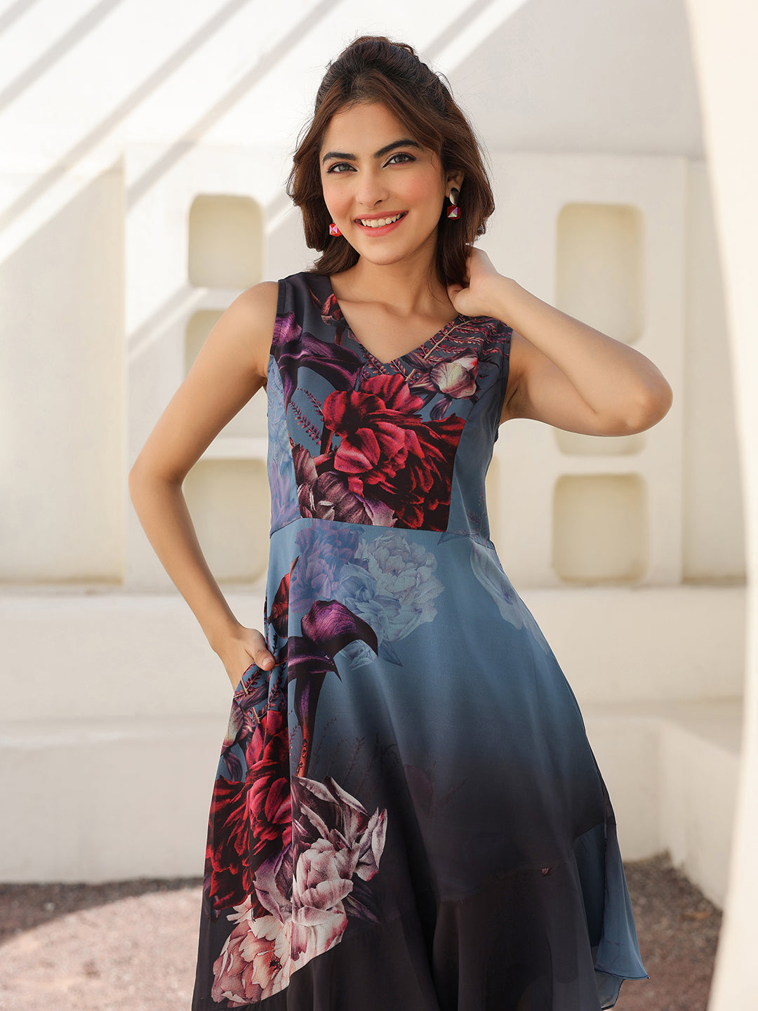 Grey Georgette Floral Printed Asymmetric Dress