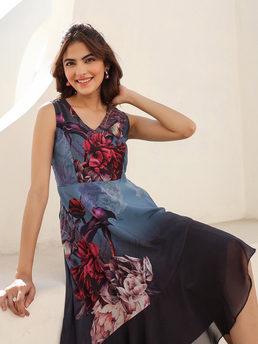 Grey Georgette Floral Printed Asymmetric Dress