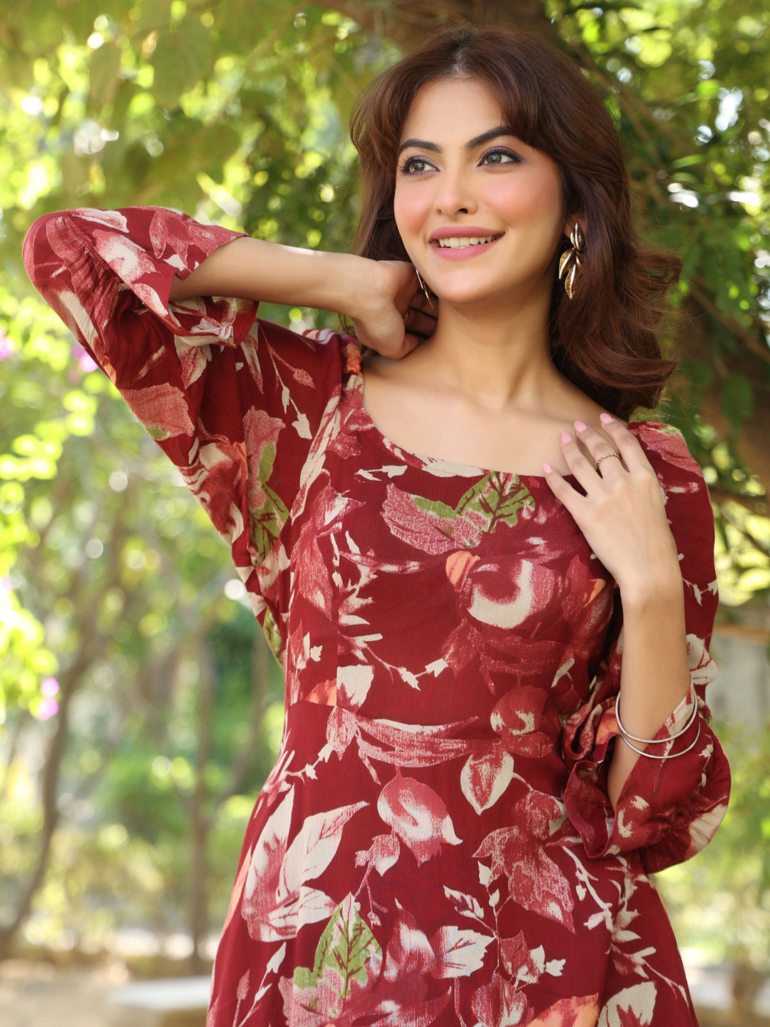 Maroon Rayon Floral Printed A-line Dress