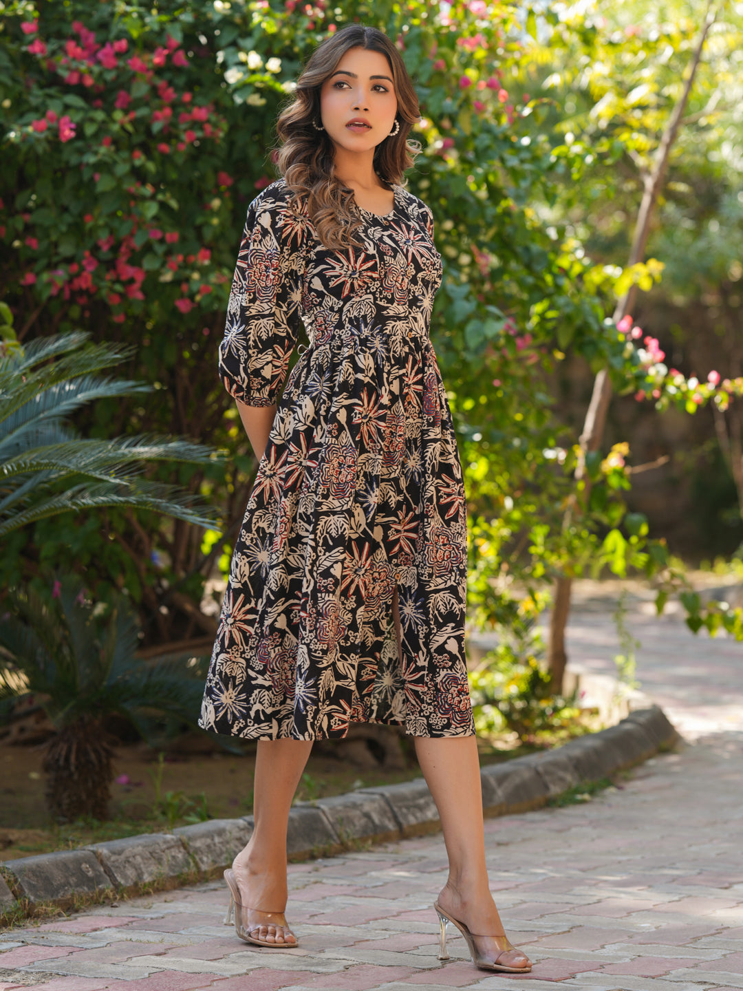 Black Pure Cotton Floral Printed A-line Dress