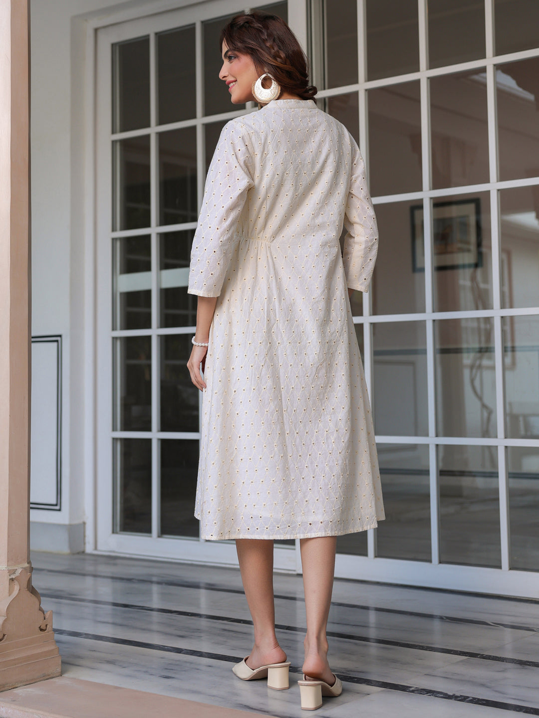 Janasya Women's Off White Pure Cotton Schiffli A-Line Dress