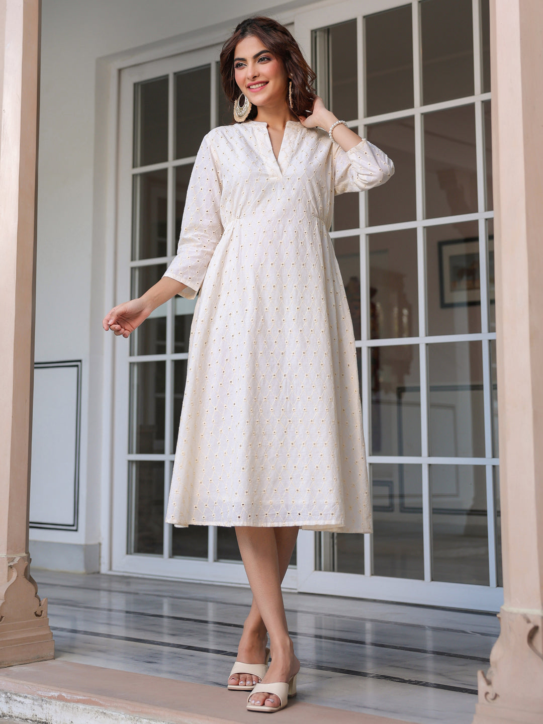 Janasya Women's Off White Pure Cotton Schiffli A-Line Dress