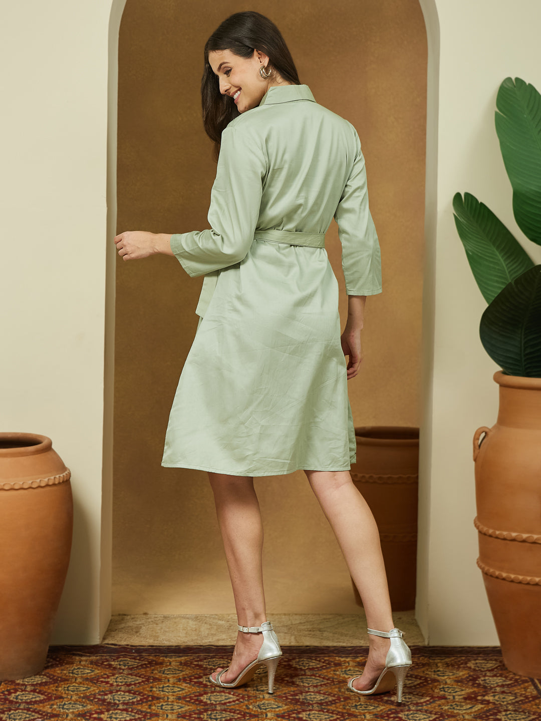 Janasya Women's Sage Green Cotton Embellished A-line Tie-up Dress
