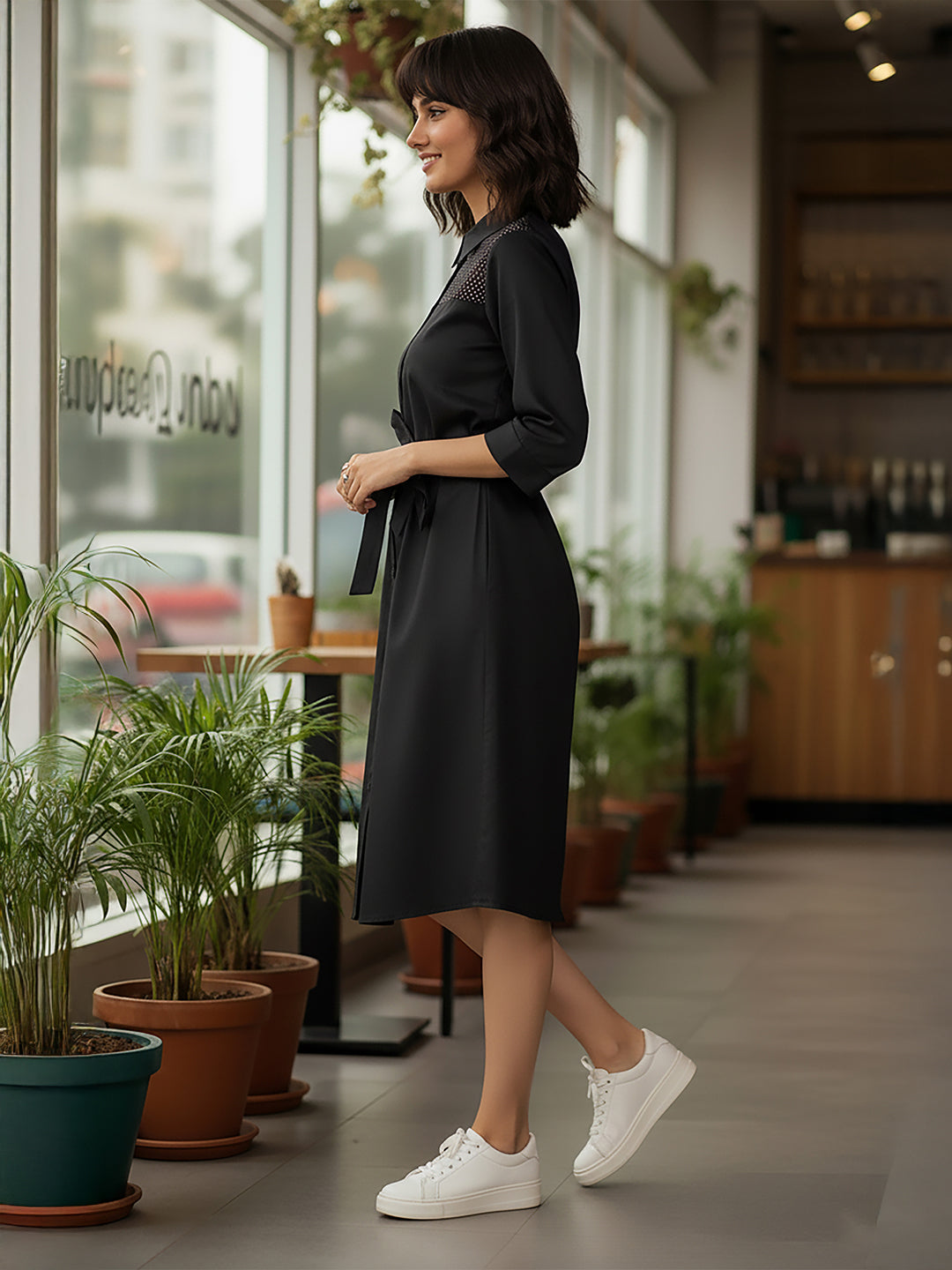 Janasya Women's Black Cotton Embellished A-line Button Down Shirt Dress