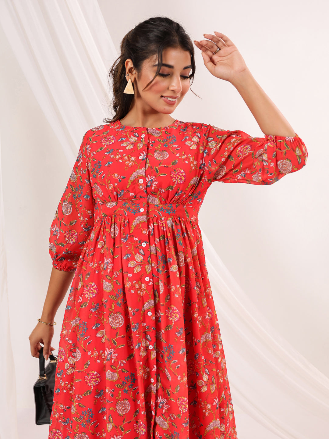 Janasya Women's Red Georgette Floral Printed Gathered Dress