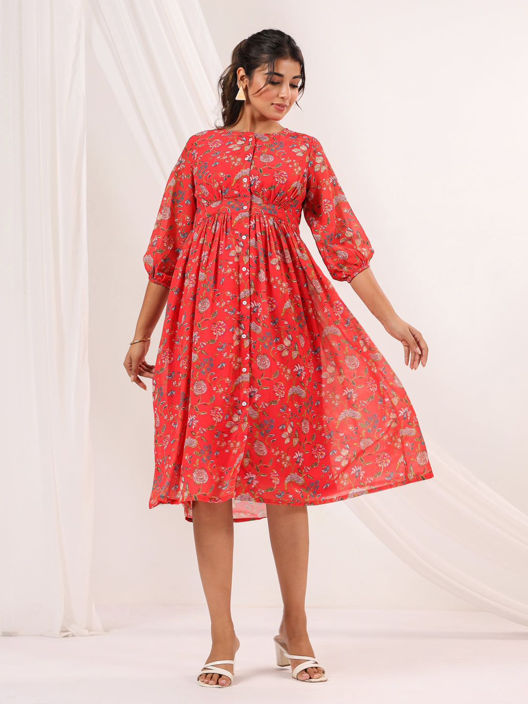 Janasya Women's Red Georgette Floral Printed Gathered Dress
