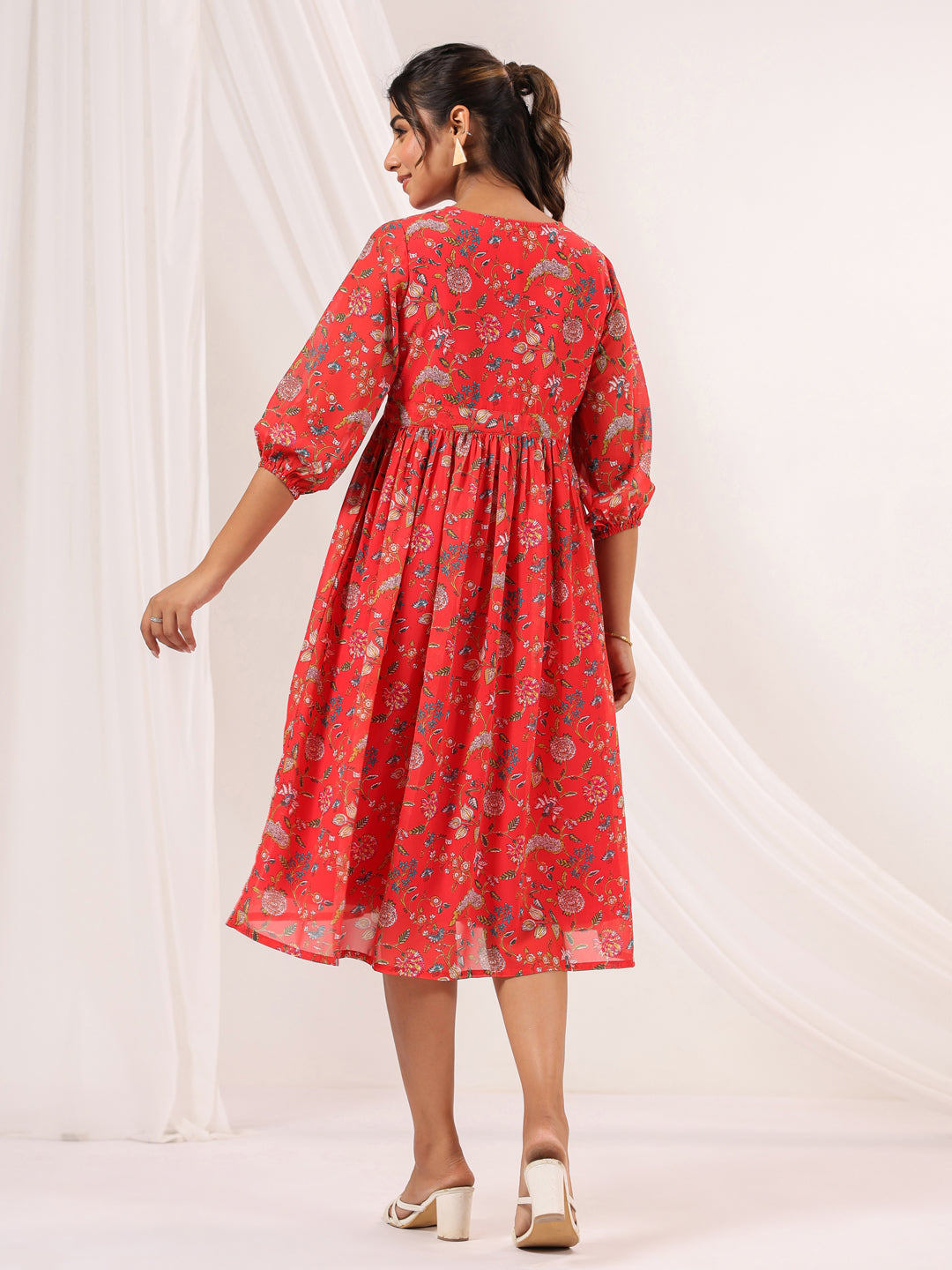 Janasya Women's Red Georgette Floral Printed Gathered Dress