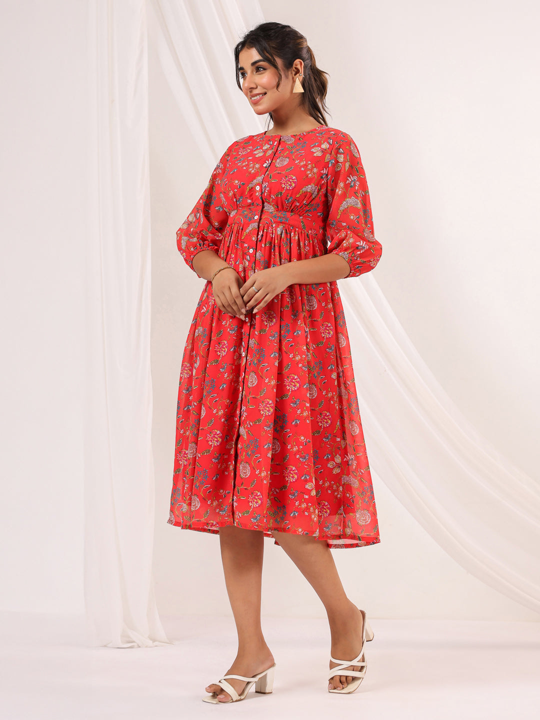 Janasya Women's Red Georgette Floral Printed Gathered Dress