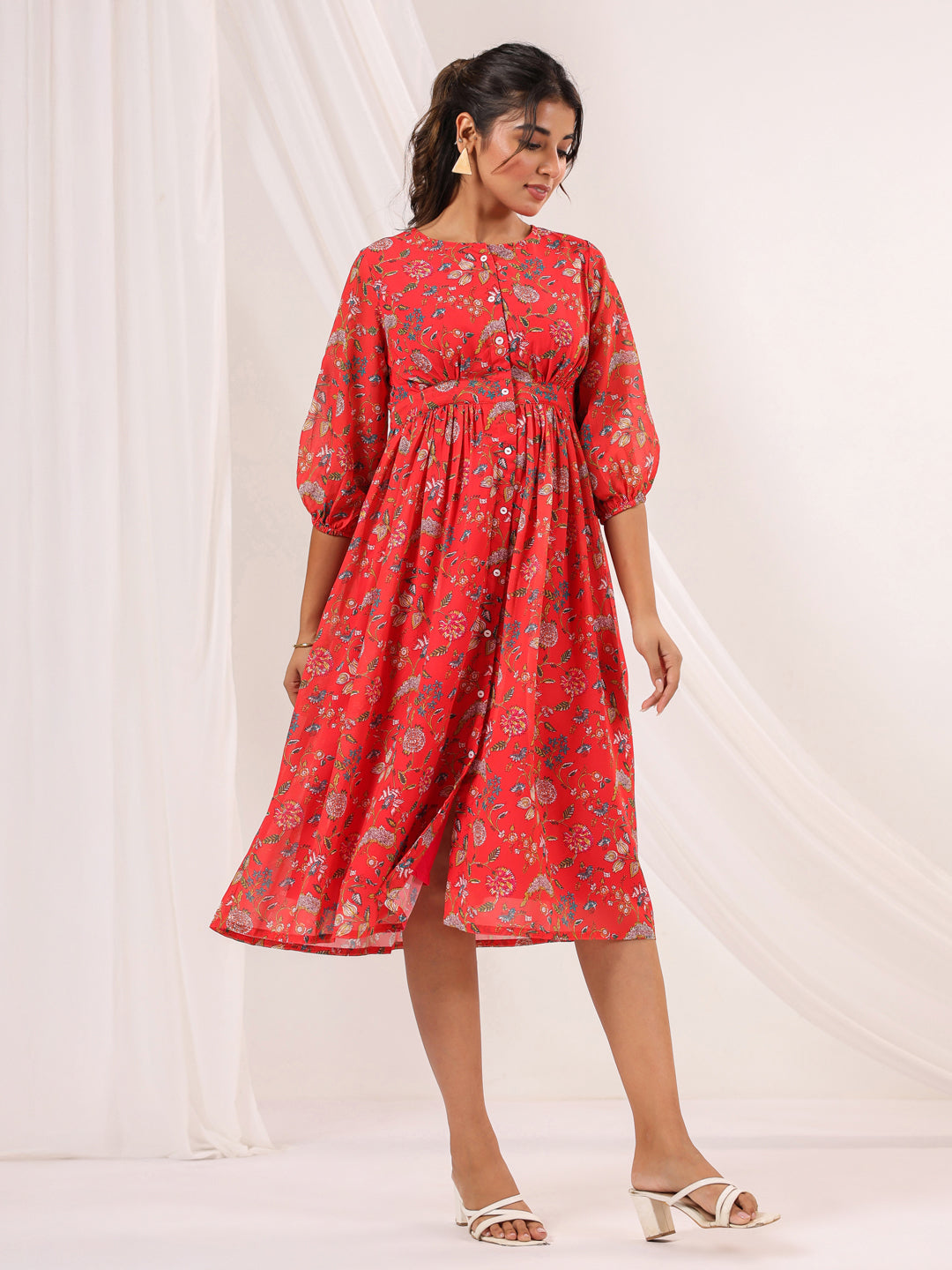 Janasya Women's Red Georgette Floral Printed Gathered Dress