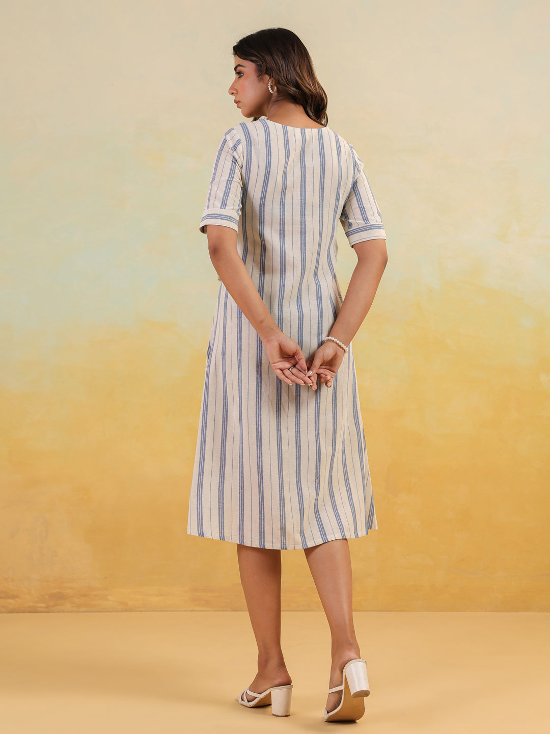 Janasya Women's White & Blue Cotton Striped Button Down A-line Dress