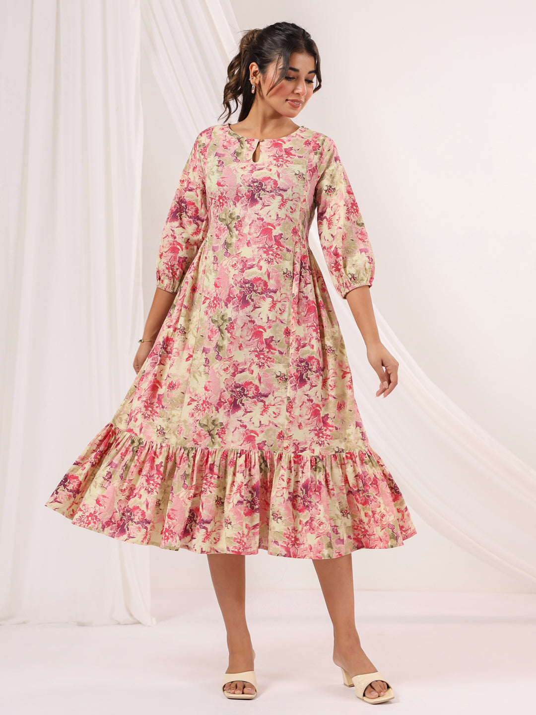 Janasya Women's Pink Pure Cotton Floral Printed A line Dress