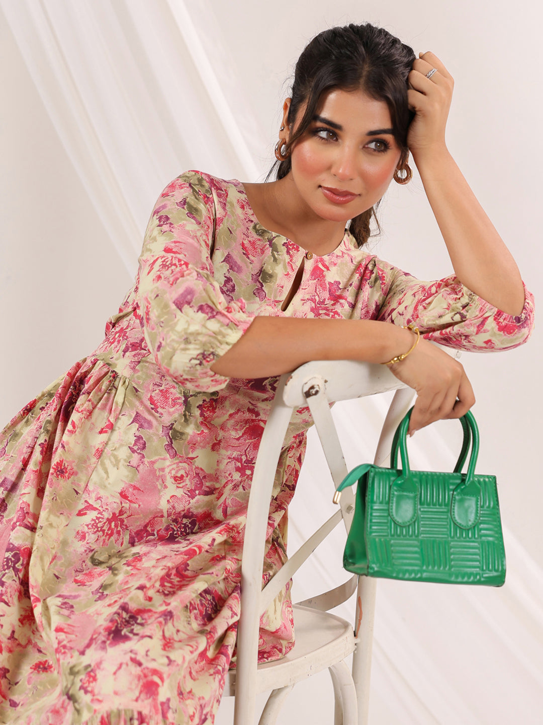 Janasya Women's Pink Pure Cotton Floral Printed A line Dress
