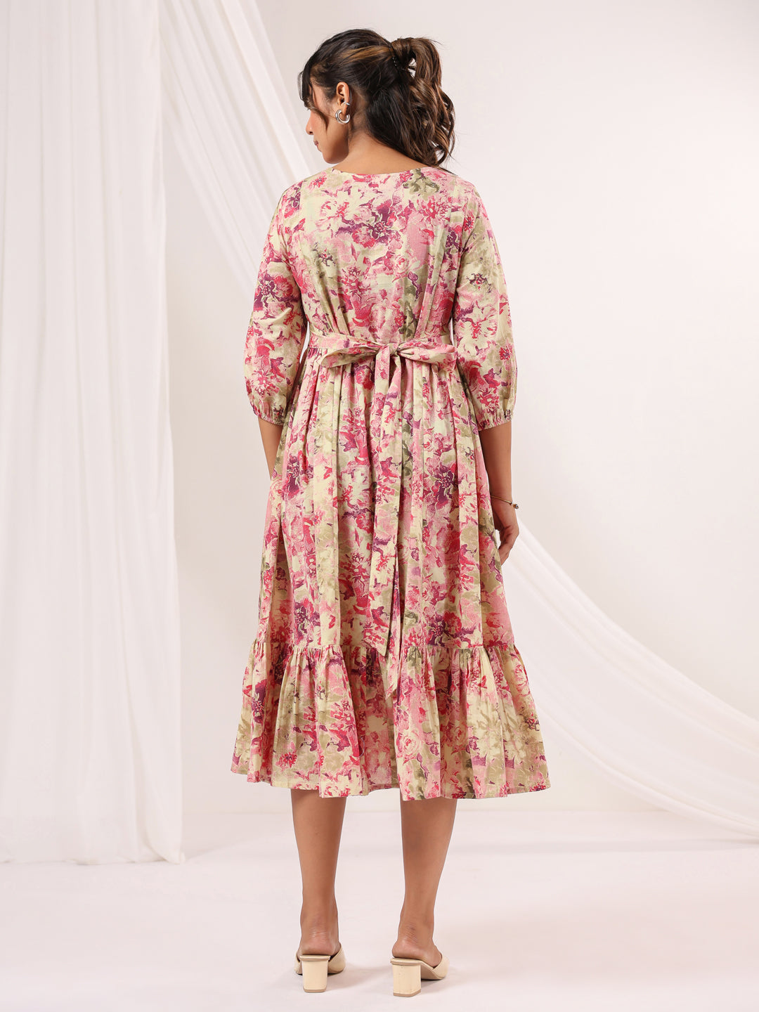 Janasya Women's Pink Pure Cotton Floral Printed A line Dress