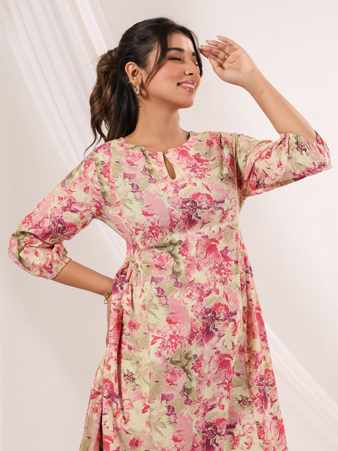 Janasya Women's Pink Pure Cotton Floral Printed A line Dress