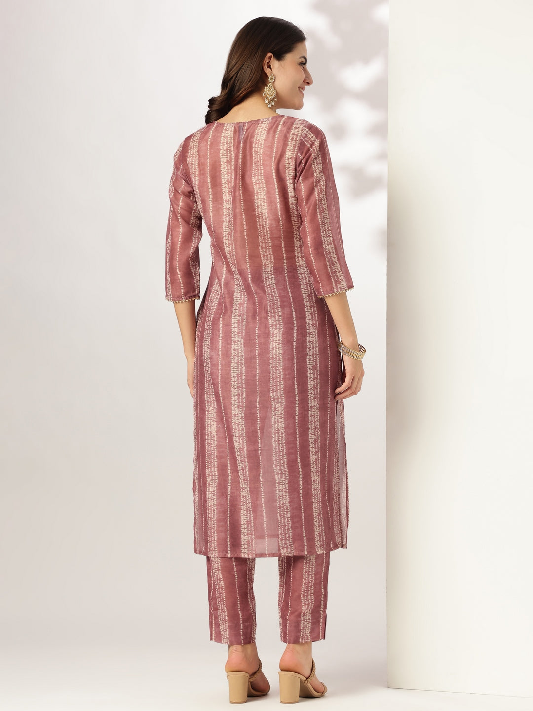 Mauve Silk Blend Tie & Dye Yoke Embroidered Straight Kurta Pant Set