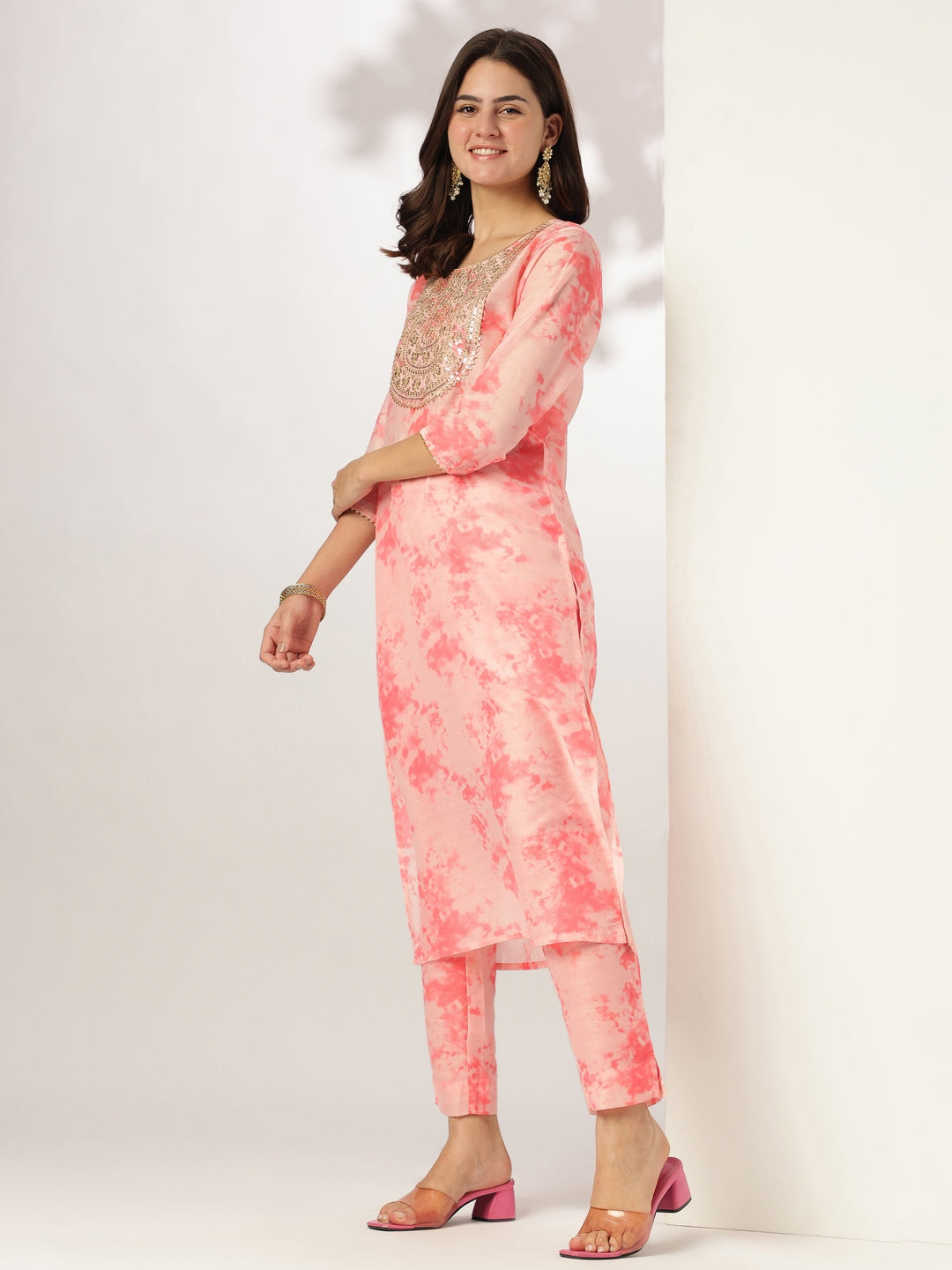 Peach Silk Blend Tie & Dye Yoke Embroidered Straight Kurta Pant Set