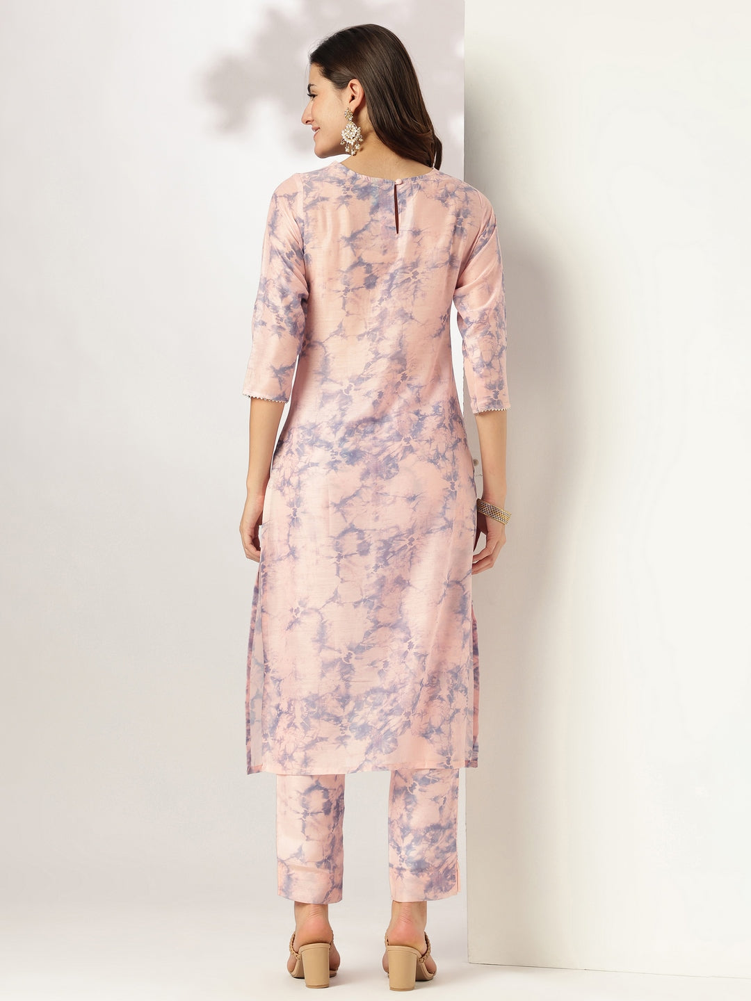 Peach Silk Blend Tie & Dye Yoke Embroidered Straight Kurta Pant Set