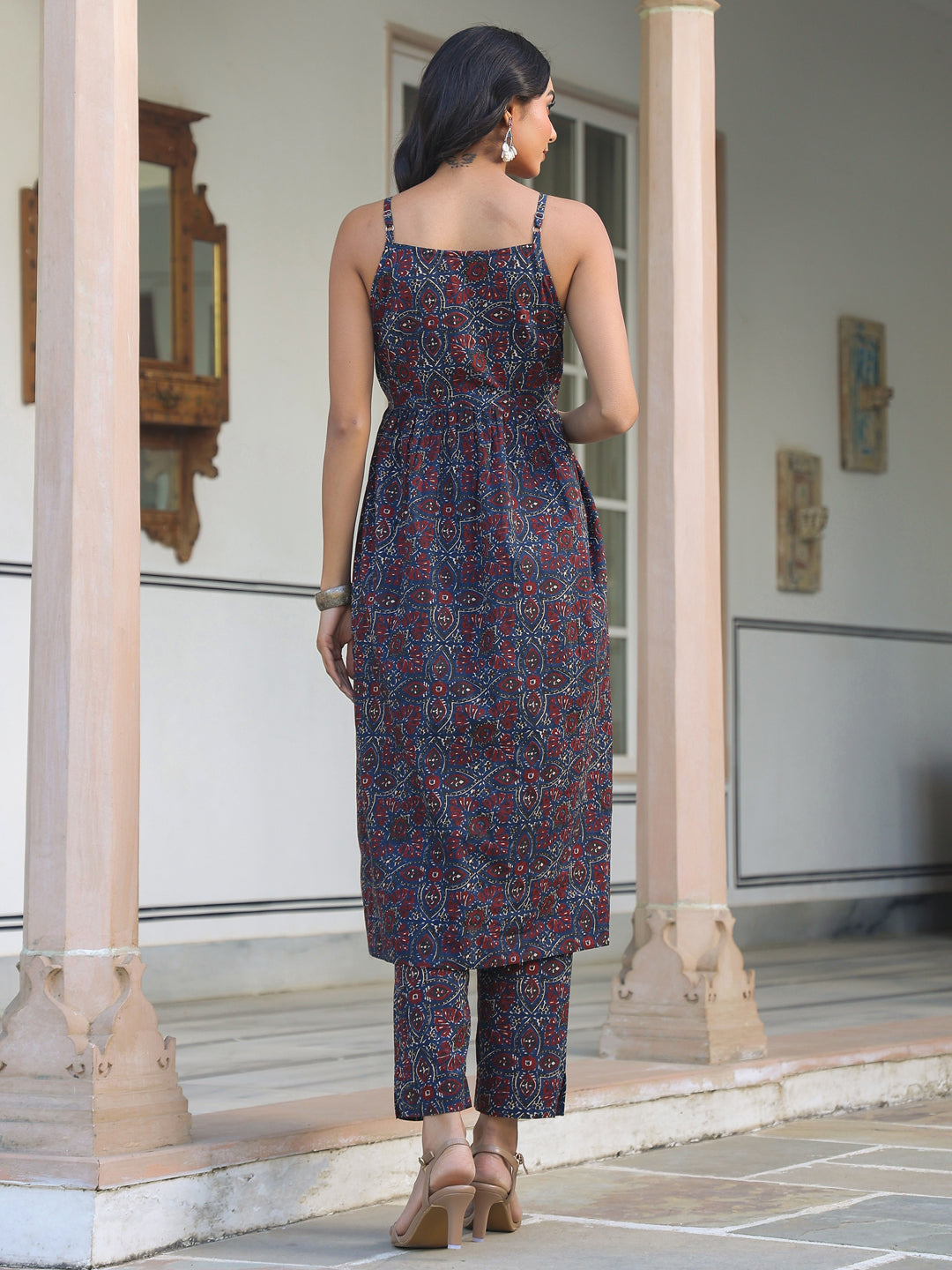 Navy Blue Pure Cotton Ethnic Motifs Printed A-line Kurta Set