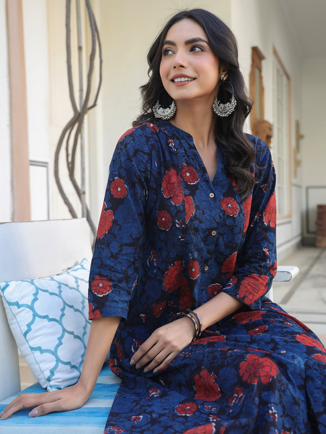 Navy Blue Pure Cotton Floral Printed A-line Kurta Pant Set