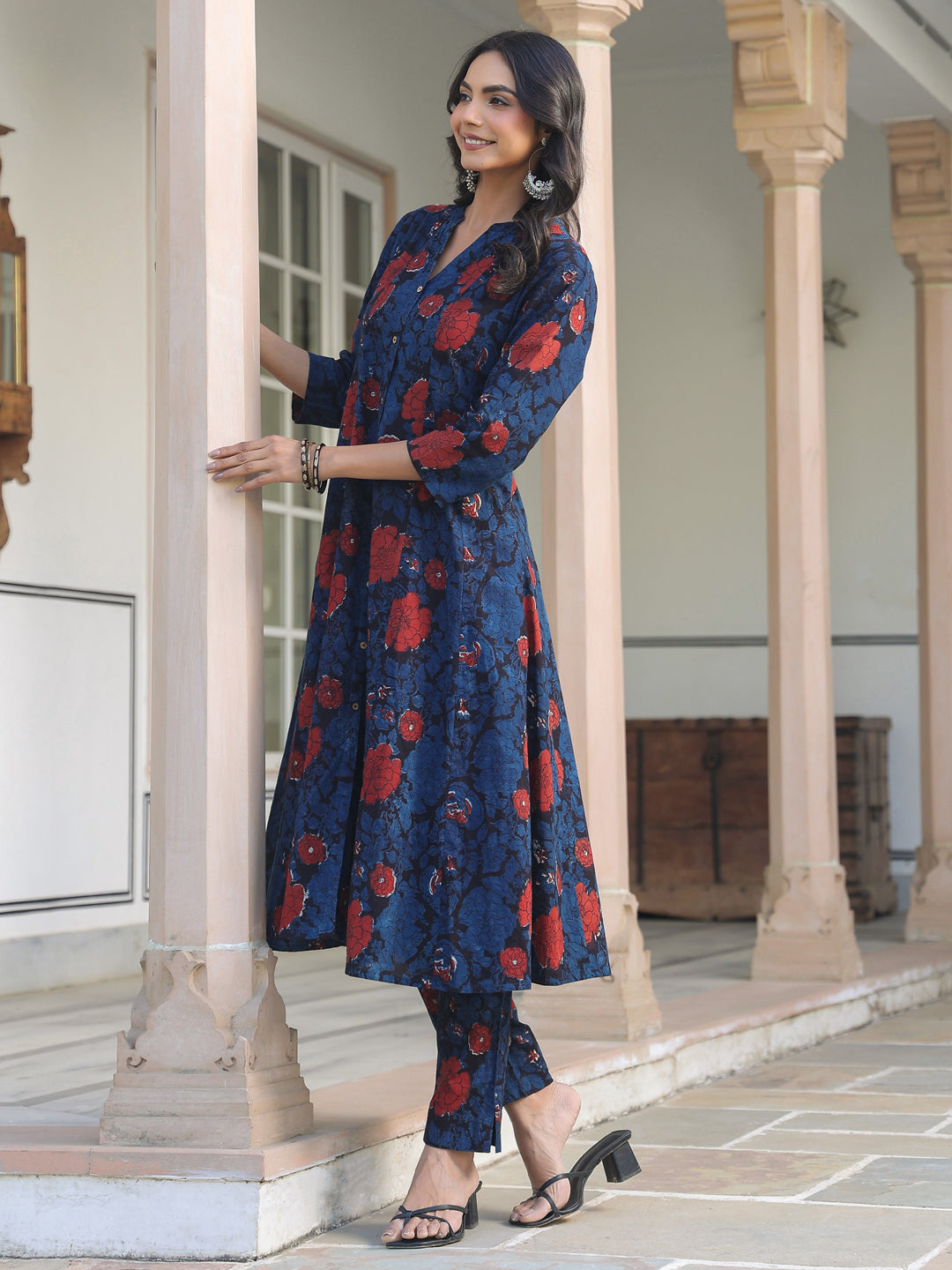 Navy Blue Pure Cotton Floral Printed A-line Kurta Pant Set