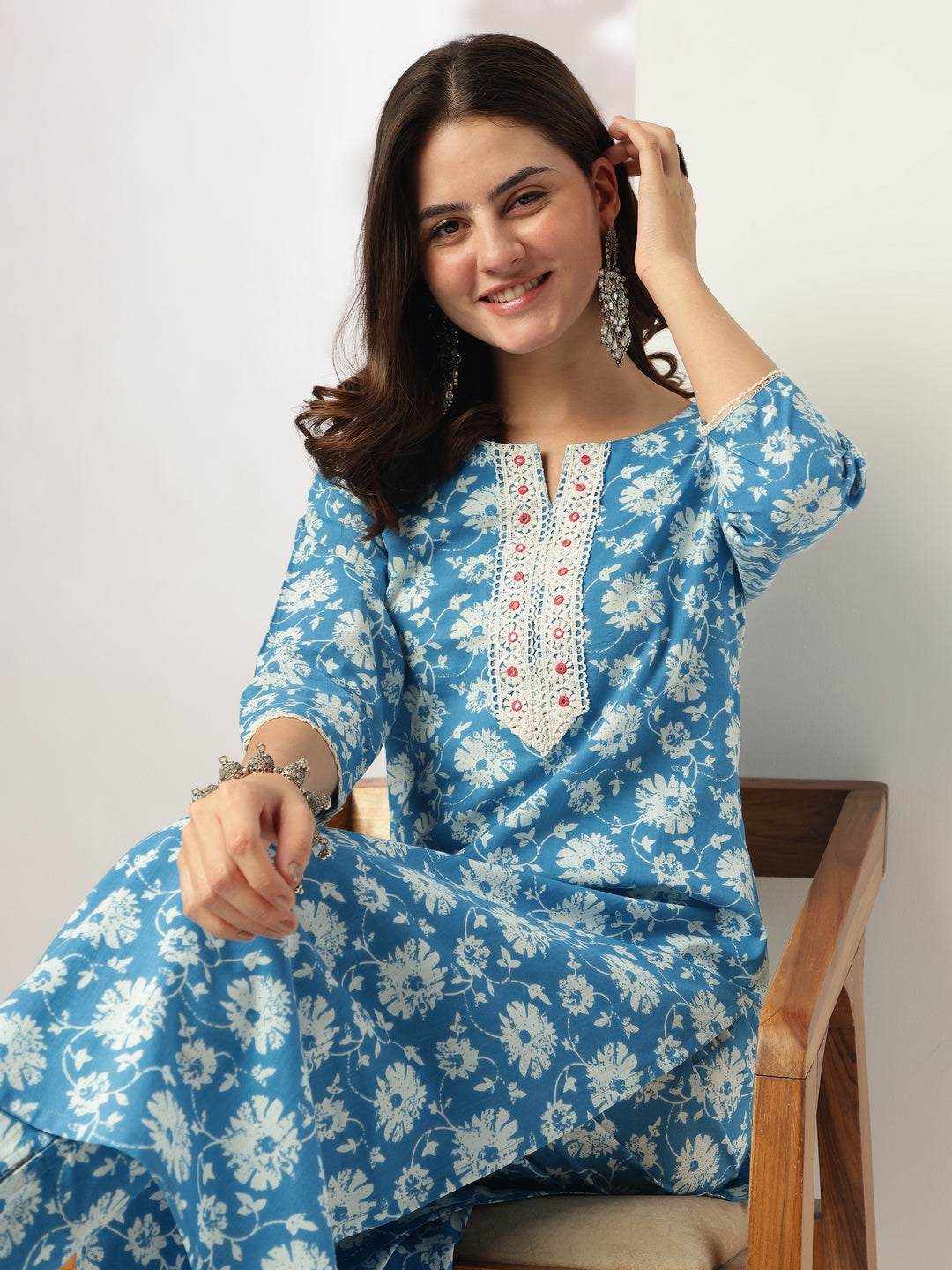 Blue Pure Cotton Floral Printed Straight Kurta Pant Set