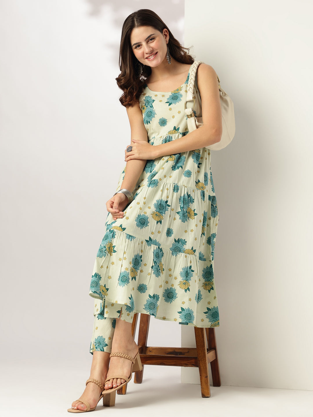 Mint Green Pure Cotton Floral Printed Tiered Kurta With Pant Set