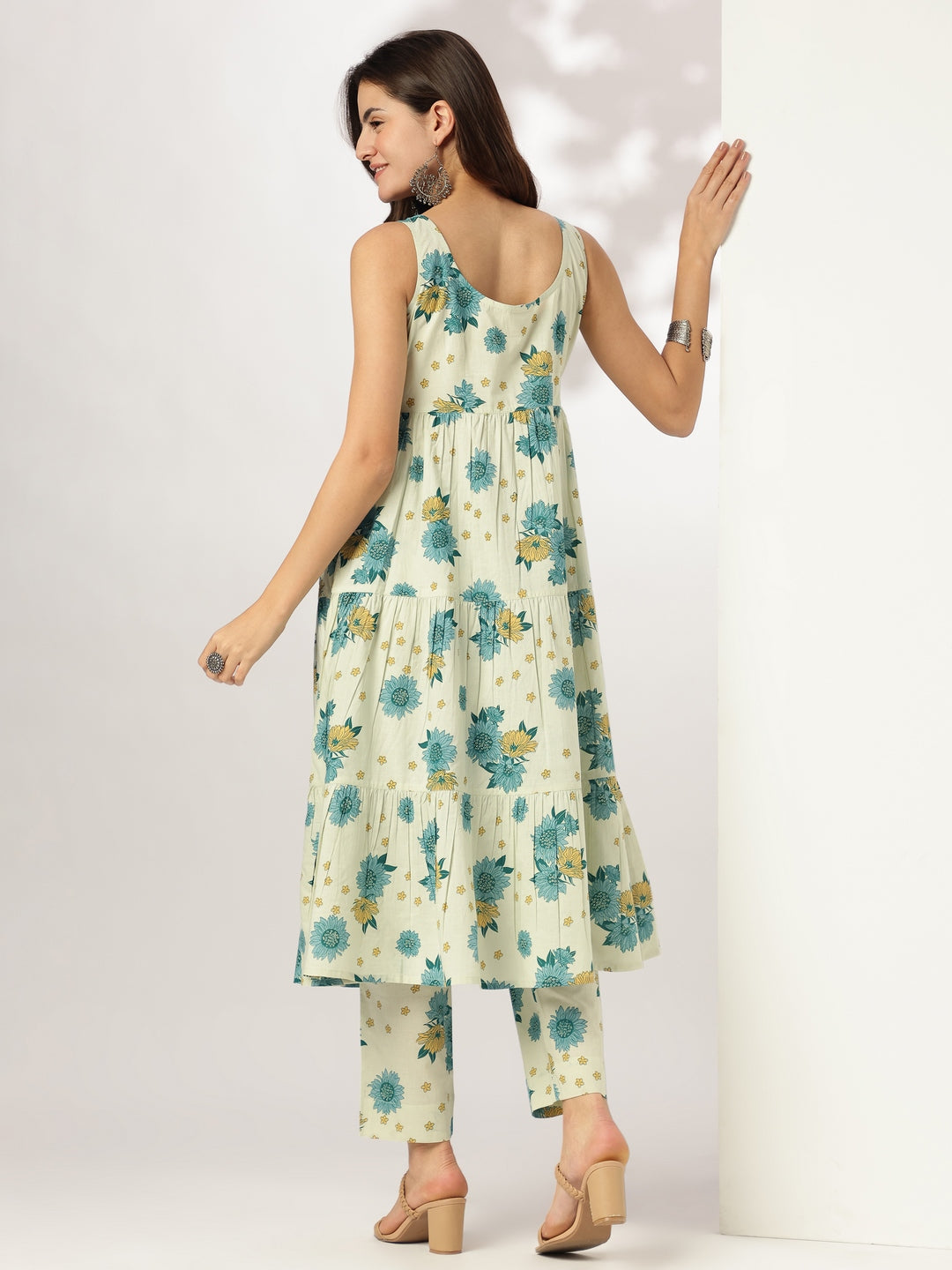 Mint Green Pure Cotton Floral Printed Tiered Kurta With Pant Set