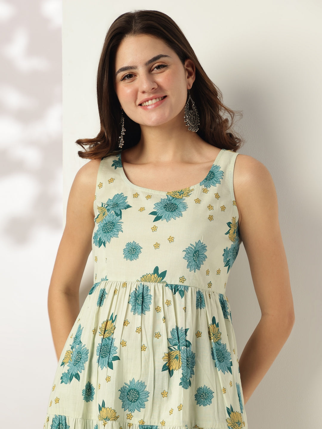 Mint Green Pure Cotton Floral Printed Tiered Kurta With Pant Set