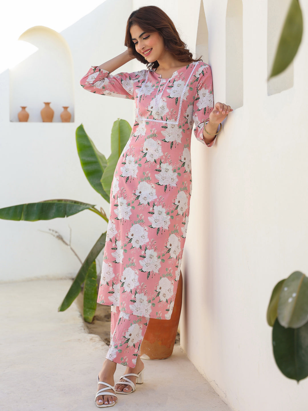 Janasya Women's Pink Pure Cotton Floral Printed Straight Kurta Pant Set