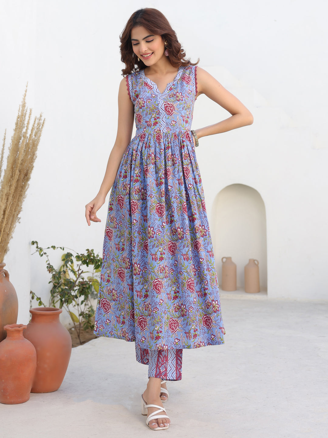Janasya Women's Blue Pure Cotton Floral Printed A-line Kurta Pant Set