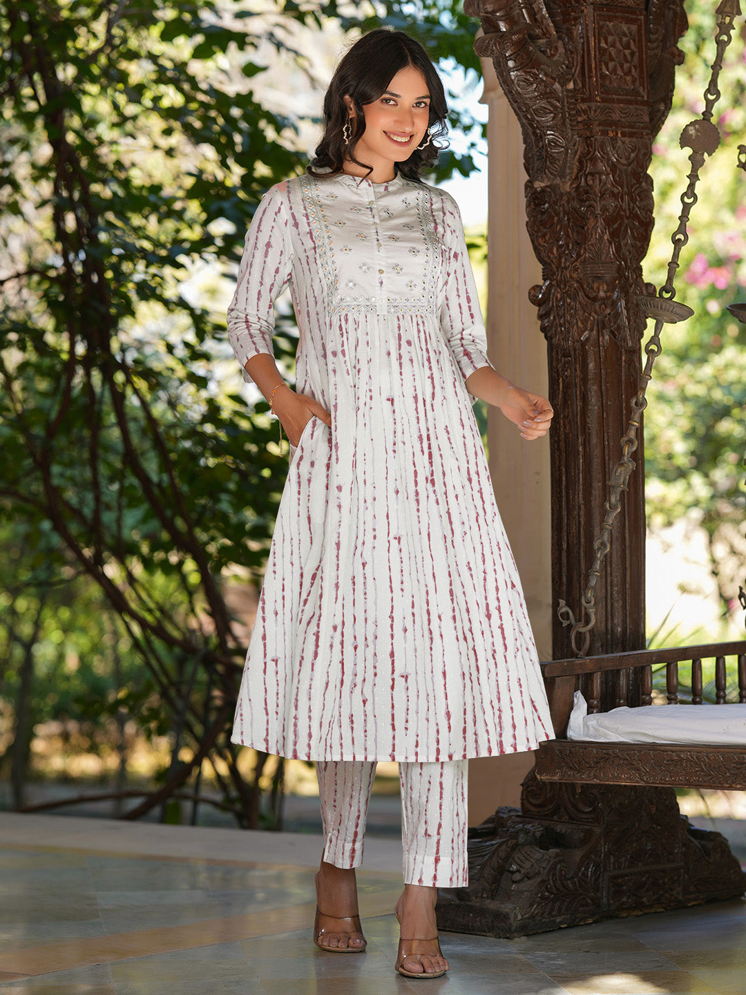 Janasya Women's White Pure Cotton Tie & Dye With Mirror Work A-line Kurta Pant Set
