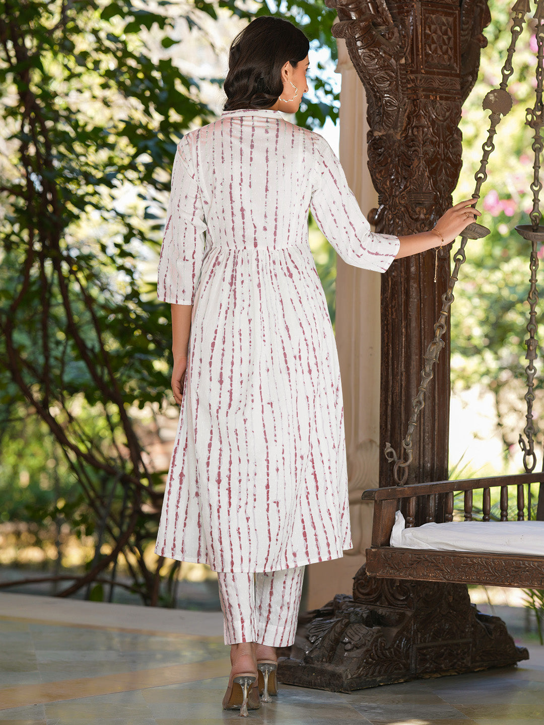 Janasya Women's White Pure Cotton Tie & Dye With Mirror Work A-line Kurta Pant Set