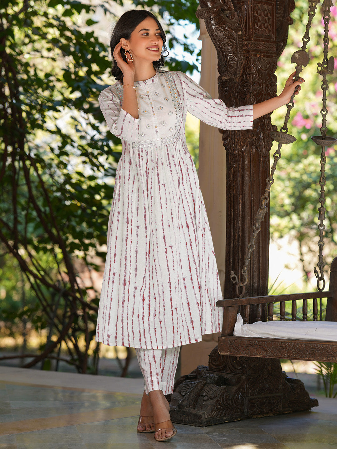 Janasya Women's White Pure Cotton Tie & Dye With Mirror Work A-line Kurta Pant Set