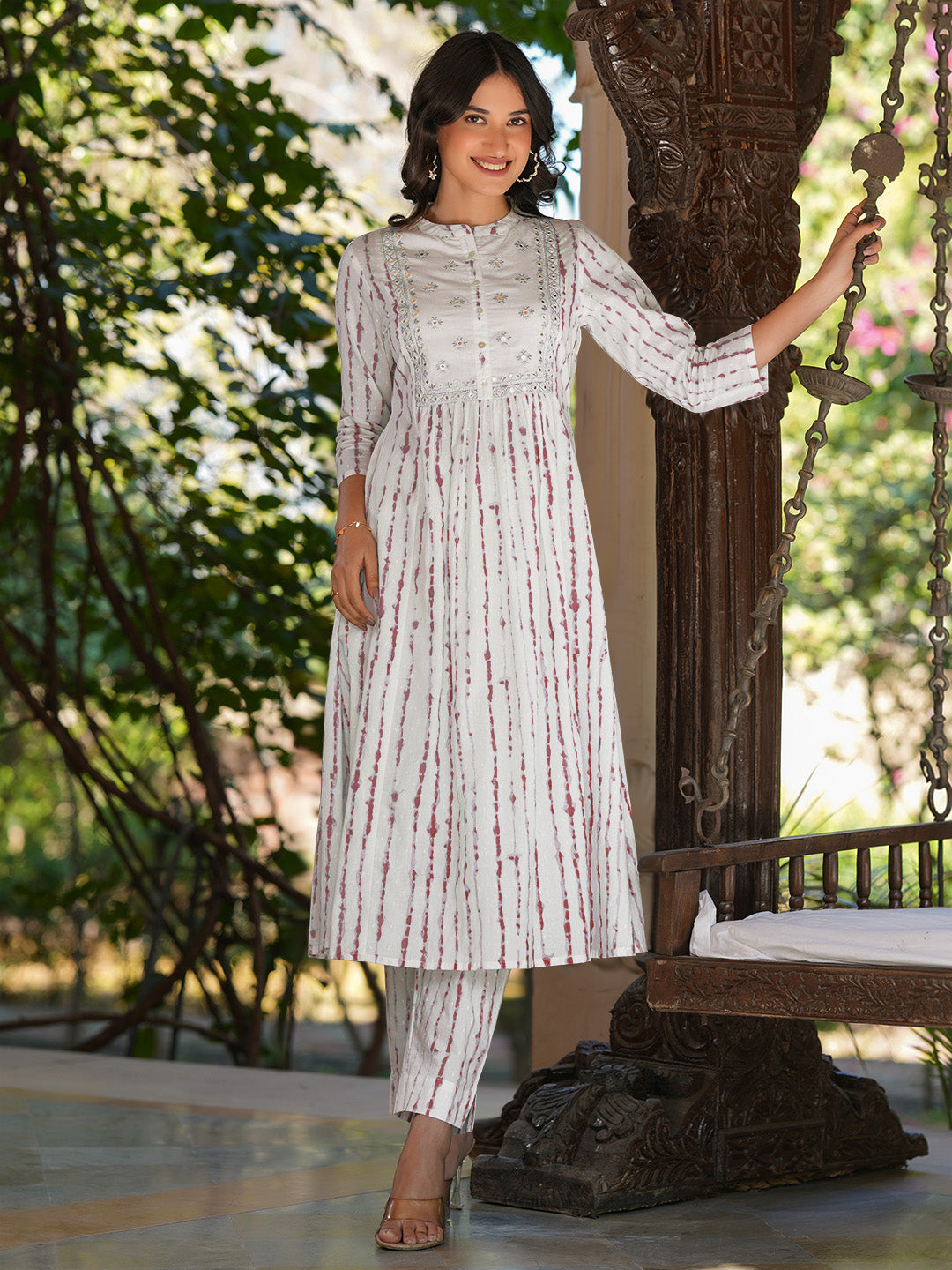 Janasya Women's White Pure Cotton Tie & Dye With Mirror Work A-line Kurta Pant Set